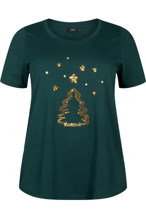 Zizzi MCHRISTMAS, S/S, STRAIGHT TEE Dames T-shirt - Dark Green