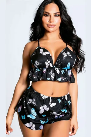 Merkloos AMARANTA-Satin Butterfly Crop Top and short-Nachthemd-Pajamas-Nacht jurk-Lingerie-maat L-Moeder dag Cadeau