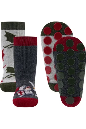 Ewers Antislipsokken - 2-PACK - Donkergrijs met Ridder & Lichtgrijs met Draken Groen/Rood - Siliconennoppen-19/22