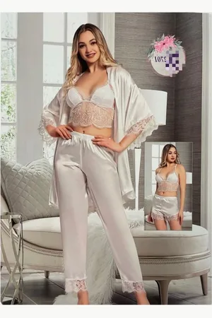 Merkloos Dames Nachtjapon- 4-delig dames mode pyjama set, jas+ broek+ short+bh- Luxe Pyjamaset- Nachtkleding met kanten 2701-