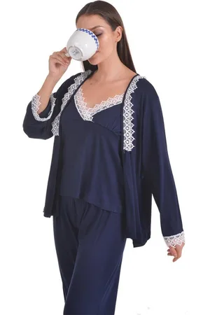 Merkloos Dames Katoen Pyjama | 4-delige set | Katoen nachtkleding | Katoen nachthemd | Elegant Katoen Ochtendjas | Cadeau voor dames | kleur: | maat: XL