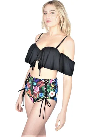 Merkloos Dames ruffle-Ruches bikini set -push up | blomen-print - high waist / hoge taille broekje_ZWART_40