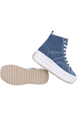 Merkloos Dilena fashion Sneakers platform hoge zool denim spijker canvas donker blauw