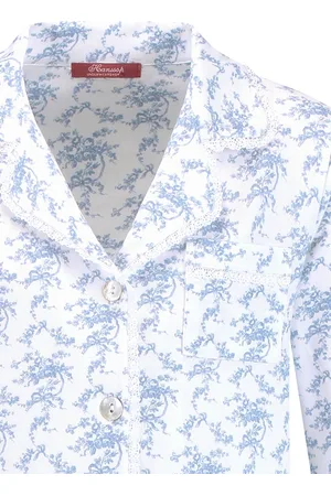 Hanssop Exclusief Luxueus Kinder nachtkleding Luxe mooie zacht Blauwe Girly Pyjama van met verfijnde kant rand details en luxe kraag verwerking, Meisjes Pyjama, zacht blauwe New Bunch print, maat 128