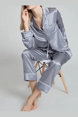 Merkloos Dames zijden pyjama set, Zilvergrijs, XL