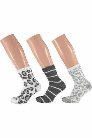 Apollo Dames fluffy bedsokken/huissokken - 3-pak animal/stripe - maat 36-41