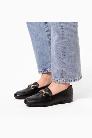 No Stress Dames - Zwarte leren loafers met goudkleurig detail