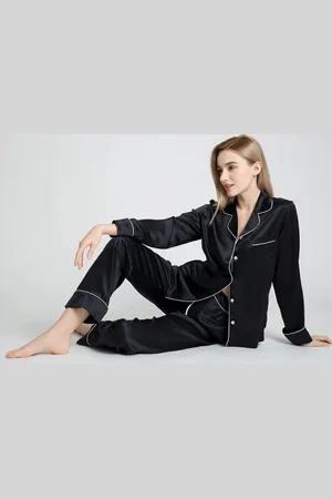 Merkloos Dames zijden pyjama set , Zwart, S