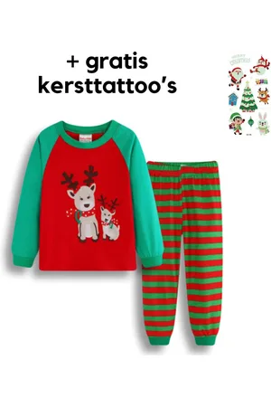 Merkloos EazyPeezy Pyjama Kinderen - Kerstmotief - Rendieren - Rood Groen gestreepte broek - 3 Jaar