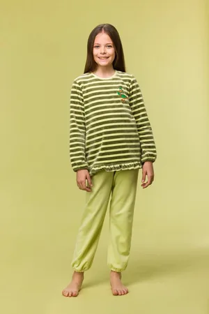Woody Pyjama meisjes/dames velours - gestreept - eend - 242-10-PDL-V/930 - maat 164