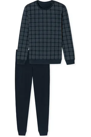 Schiesser Fine Interlock pyjamaset - heren pyjama lang interlock manchetten geruit nachtblauw
