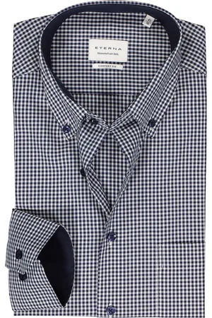 ETERNA Comfort fit overhemd - popeline - middenblauw met wit geruit (contrast) - Strijkvrij - Boordmaat: 41