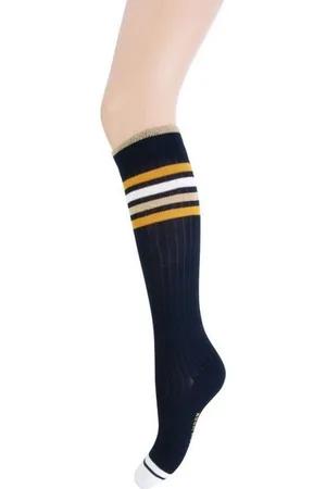 Yellow Moon Kniekous Marine Blauw met strepen Okergeel
