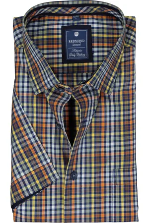 Redmond Regular fit overhemd - korte mouw - popeline - bruin geruit - Strijkvriendelijk - Boordmaat: 39 - 40