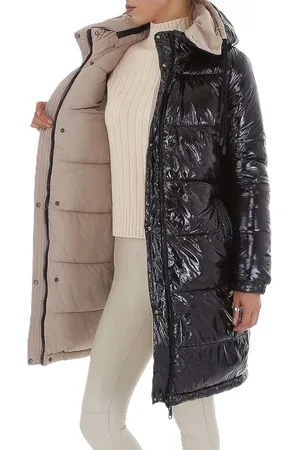 Merkloos Dilena fashion jas lang gewatteerd 2 kanten te dragen zwart lak-mat beige