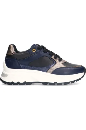 Manfield Dames - Zwarte leren sneakers met gouden details