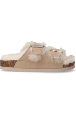 Manfield Dames - suède slippers met bontvoering