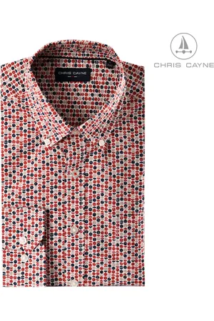 Chris Cayne Heren overhemd - shirt heren lange mouw - maat 4XL - kleur offwhite, rood, zand en donkerblauw - lange mouw - dessin - button down kraag - overhemd met borstzak - herenkleding - herenmode - overhemd grote maten