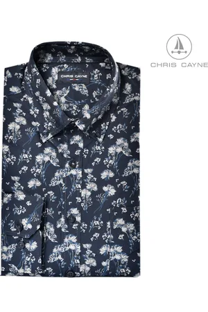 Chris Cayne Heren overhemd - shirt heren lange mouw - maat M - kleur donkerblauw-blauw/grijs - lange mouw - dessin - button down kraag - overhemd met borstzak - herenkleding - herenmode