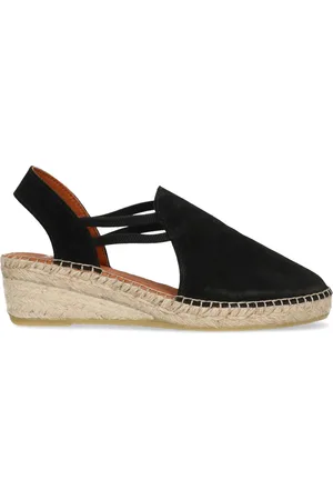 Manfield Dames - Zwarte suède sandalen met sleehak