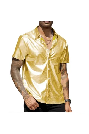 Merkloos Heren shirt korte mouwen GOLD - Party blouse - Katoen en Polyester - Feest - Festival - Hoge kwaliteit - Glanzend