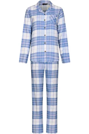 Rebelle Dames pyjama Flanel - Ligt Blue - 100% katoenen pyjama met knoopsluiting en lange mouwen - 42