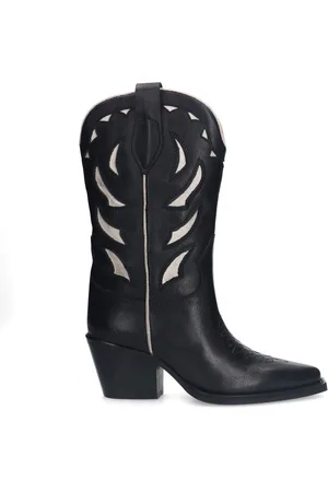 Sacha Dames - Zwarte leren cowboylaarzen met sierstiksels