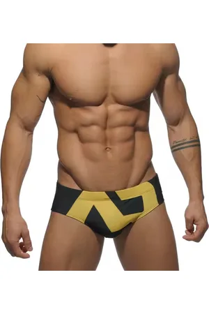 Merkloos Heren Driehoek Zwembroek - Strakke Fit - Sportieve Zwemslip - Zwart/Geel Design
