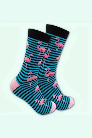 Merkloos Gestreepte Flamingo Sokken | Grappige Sokken | | One Size (35-38) | Blauw | Grappig | Cadeau Tip | Kadotip | Kinder Sokken
