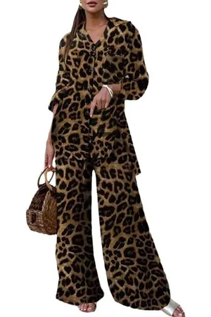 Merkloos Trendy Luipaardpak Dames ??? Tweedelige Set - Blouse en Wijde Broek