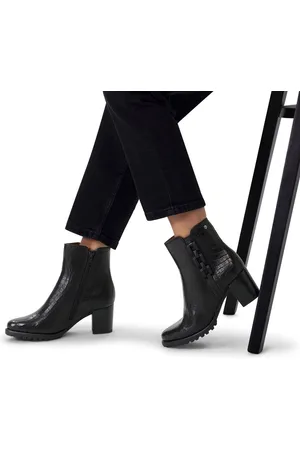 No Stress Dames - Zwarte leren croco enkellaarsjes met hak met chain