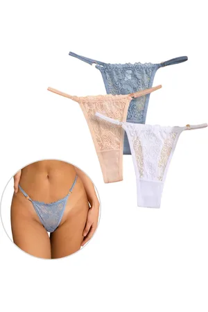 Merkloos 3 Pack - Dames String Met Kant - - 95% Katoen - Onderbroek Met Kanten Design - Dames Lingerie / Ondergoed Set