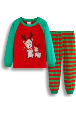 Merkloos EazyPeezy Pyjama Kinderen - Kerstmotief - Rendieren - Rood Groen gestreepte broek - 5 Jaar