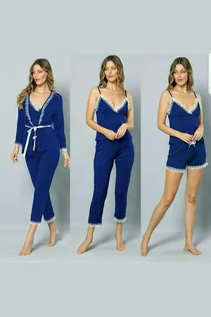Merkloos Dames Katoen Pyjama | 4-delige set | Katoen nachtkleding | Katoen nachthemd | Elegant Katoen Ochtendjas | Cadeau voor dames | Kleur: | maat: M