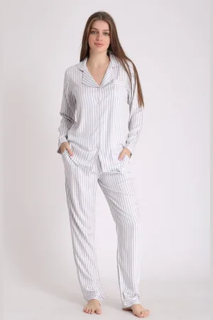 Merkloos Katoen - Satijn Dames 2- Delige -Pyjama- Luxe Pyjamaset- Nachtkleding Gestreept