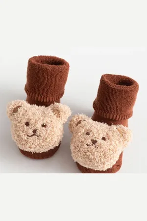 Merkloos Kinder sokken/sloffen 2x met beer Roodbruin antislip 2 jaar