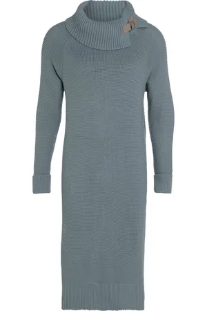Knit Factory Jamie Gebreide Dames Jurk - Trui jurk dames - Wollen jurk - Herfst- & winterjurk - Wijde jurk - Met warme opstaande kraag - - 40/42 - Knielengte