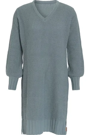 Knit Factory Robin Dames Jurk - Gebreide Trui Jurk - Wollen jurk - Herfst- & winterjurk - Wijde jurk - V-hals - - 40/42 - Knielengte