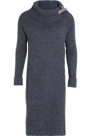 Knit Factory Jamie Gebreide Dames Jurk - Trui jurk dames - Wollen jurk - Herfst- & winterjurk - Wijde jurk - Met warme opstaande kraag - - 40/42 - Knielengte