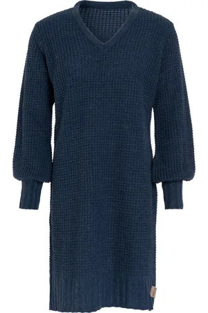 Knit Factory Robin Dames Jurk - Gebreide Trui Jurk - Wollen jurk - Herfst- & winterjurk - Wijde jurk - V-hals - - 40/42 - Knielengte