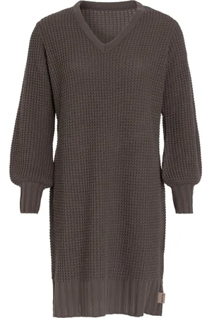 Knit Factory Robin Dames Jurk - Gebreide Trui Jurk - Wollen jurk - Herfst- & winterjurk - Wijde jurk - V-hals - - 36/38 - Knielengte