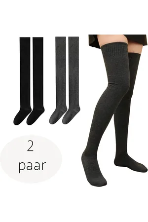 Merkloos Overknee kousen dames - set van 2 paar - maat M/L - 100% elastisch katoen - - antraciet - wintersokken - schoenmaat 36/39 - lange sokken - over de knie