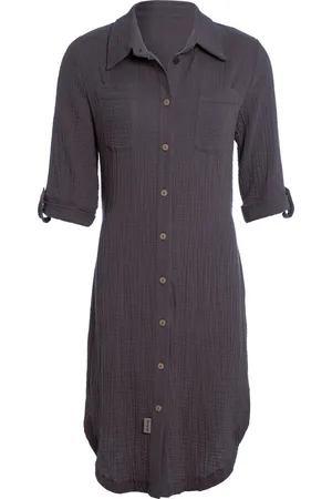 Knit Factory Kim Dames Blousejurk - Lange blouse dames - Blouse jurk donkergrijs - Zomerjurk - Overhemd jurk - S - - 100% Biologisch katoen - Knielengte