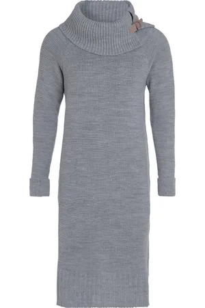 Knit Factory Jamie Gebreide Dames Jurk - Trui jurk dames - Wollen jurk - Herfst- & winterjurk - Wijde jurk - Met warme opstaande kraag - - 40/42 - Knielengte