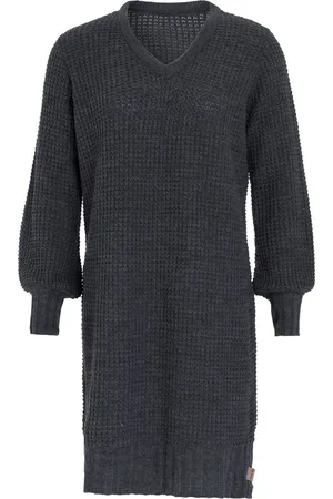 Knit Factory Robin Dames Jurk - Gebreide Trui Jurk - Wollen jurk - Herfst- & winterjurk - Wijde jurk - V-hals - - 36/38 - Knielengte