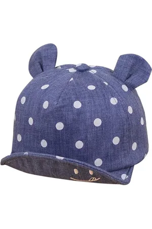 Merkloos Babypet met oortjes en witte stippen - blauwe spijkerstof