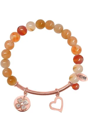 CO88 Beloved 8CB 50009 Rekarmband met Stalen Elementen - Zirkonia Bloem en Hart - Agaat Natuursteen 8 mm - One-size