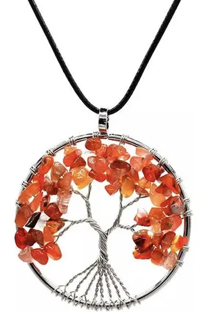 ASTRADAVI Kristal Tree of Life - Hanger - Levensboom Positieve Energie Hanger met Ketting - Chakra Kristal Edelstenen - Oranje Kristallen met Zwart Vegan Lederen Koord