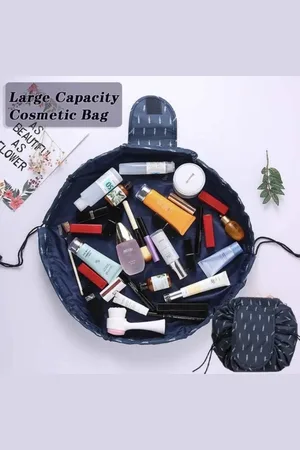 Merkloos Make-up en toilettas - 2 stuks - met trekkoord - "Blauw met witte veertjes" design - cosmetica - make-up opbergsysteem - make-uptas - reistas - cosmetisch - acessoires organiser - handige toilettas