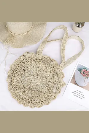 Merkloos Stro handtas zomer strandtas ronde vintage handgemaakte schoudertas cirkel Boheemse handgeweven schoudertassen voor dames reizen vakantie vrije tijd gevlochten tas